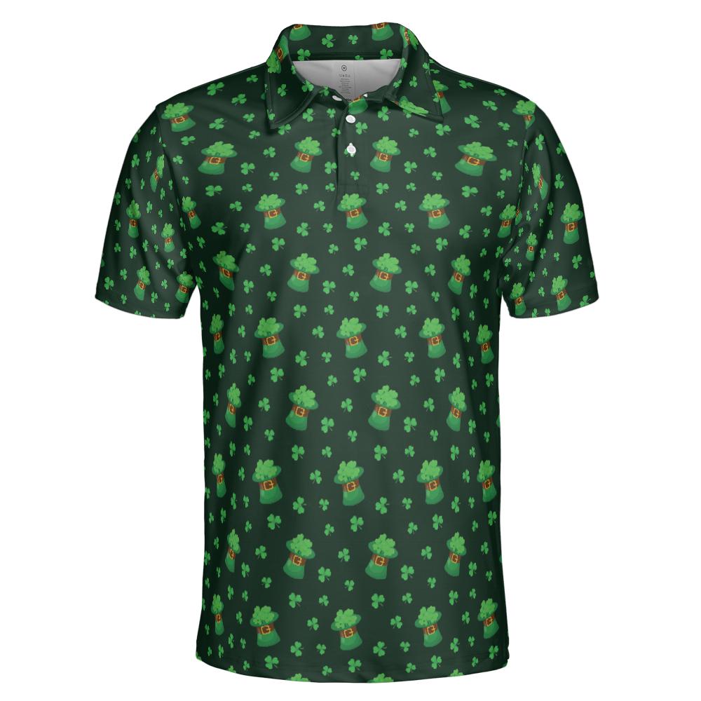 St Patricks Day Polo Golf Shirt for Men Lucky Clover Shamrock Hat Moisture Wicking Short Sleeve Top