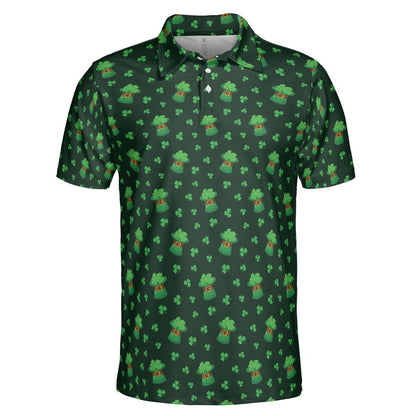 St Patricks Day Polo Golf Shirt for Men Lucky Clover Shamrock Hat Moisture Wicking Short Sleeve Top