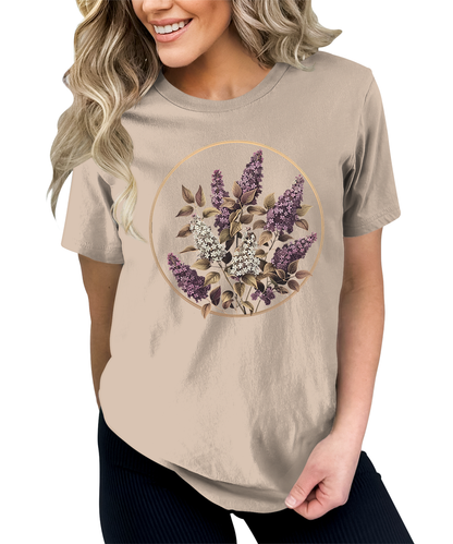 Trendy Purple Floral Circle Graphic Tees for Women