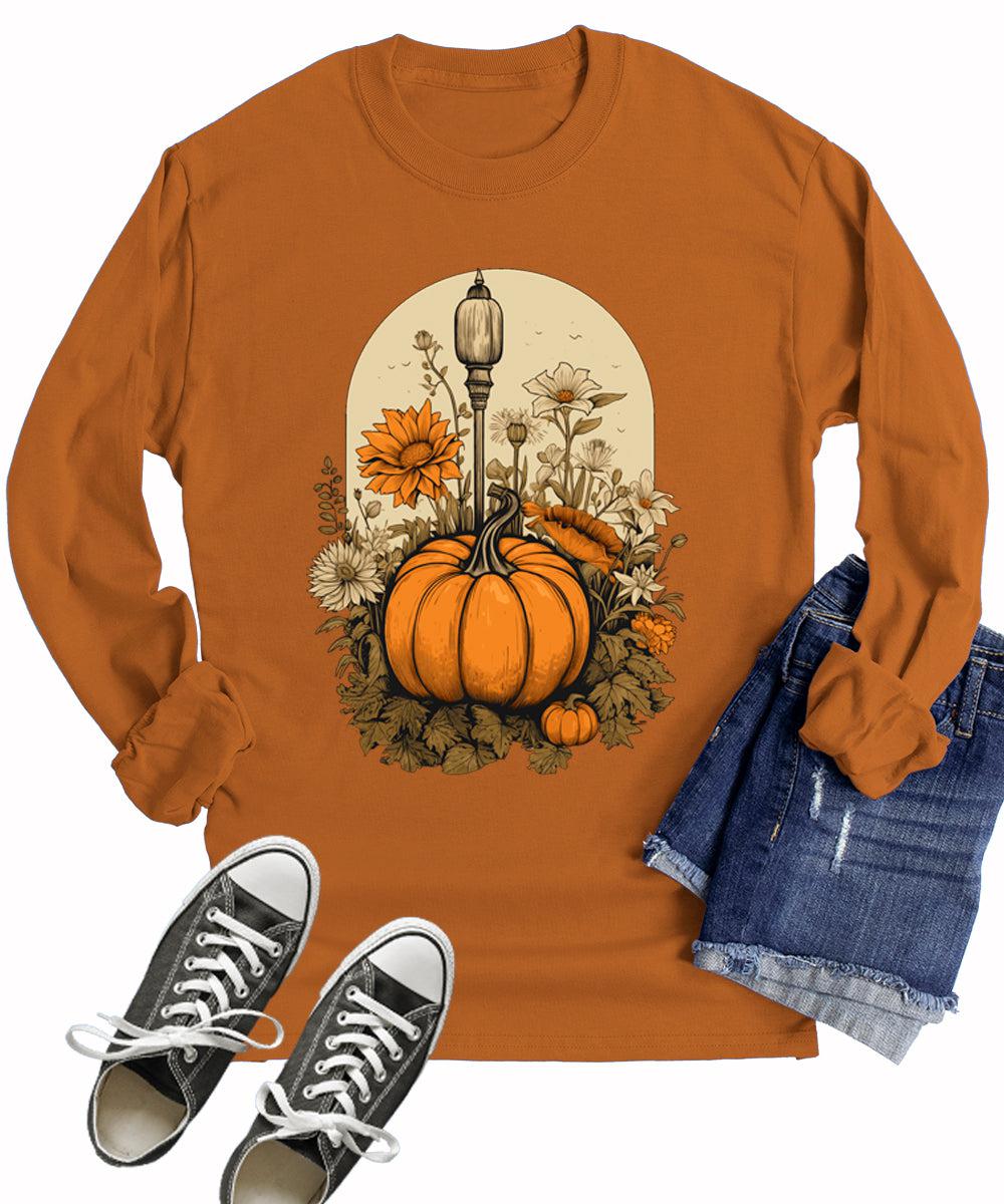 Floral Pumpkin Foliage Fall Autumn Cottagecore Long Sleeve T-Shirt