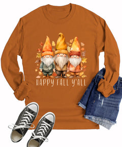 Happy Fall Y'All Autumn Gnome Womens Graphic Long Sleeve T-Shirt