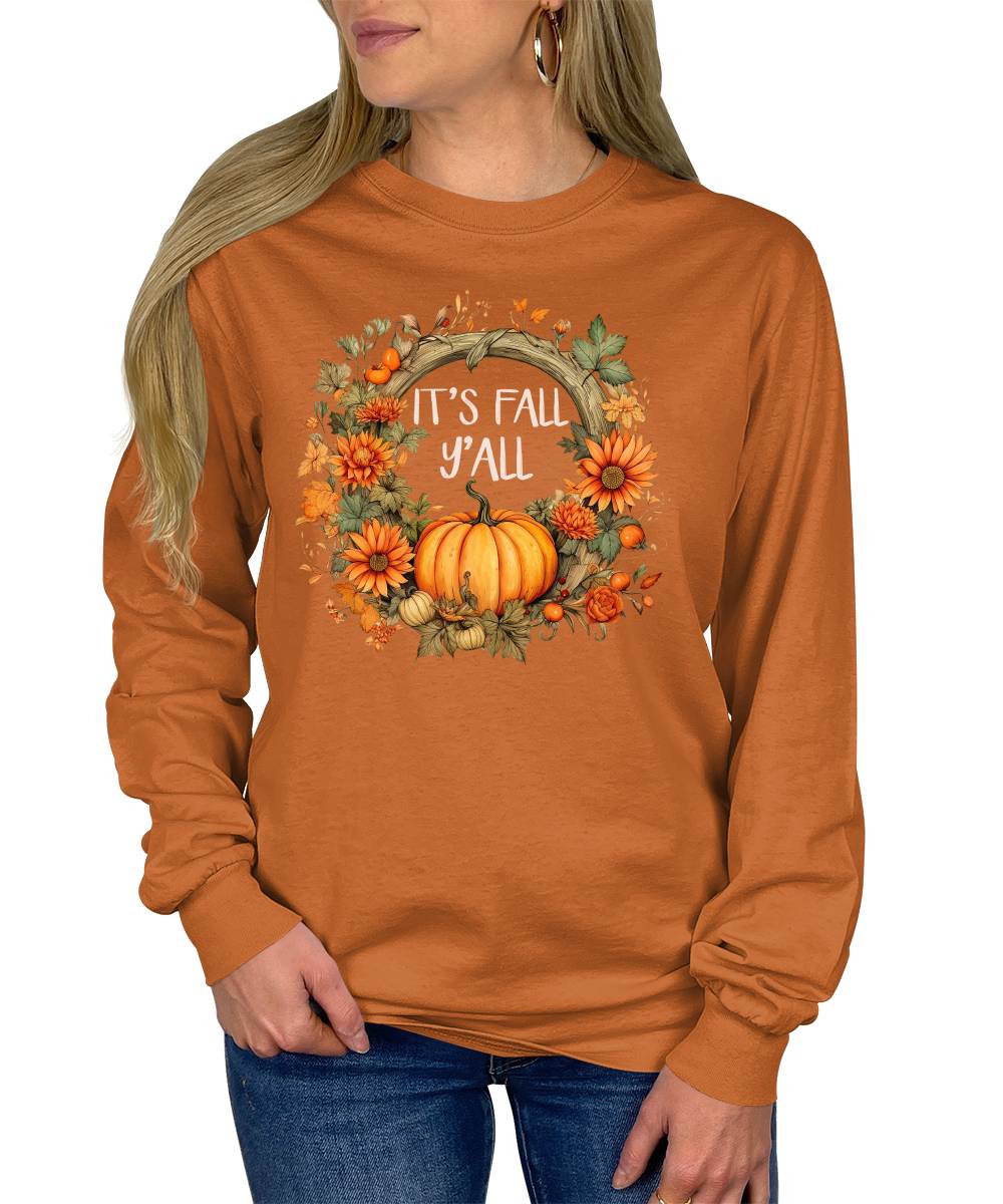 It's Fall Y'all Floral Pumpkin Autumn Wreath Long Sleeve T-Shirt