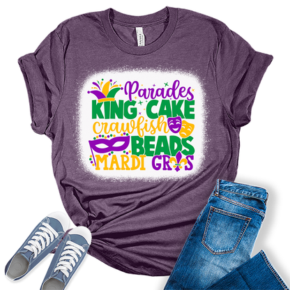 King Cake T Shirt Mardi Gras Shirts for Women Bleach Print Graphic Tees