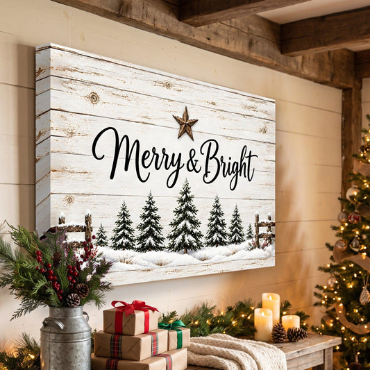 Merry & Bright Snowy Pine Trees Canvas Wall Art – Rustic Winter Christmas Decor, Horizontal 12x8 24x16 36x24