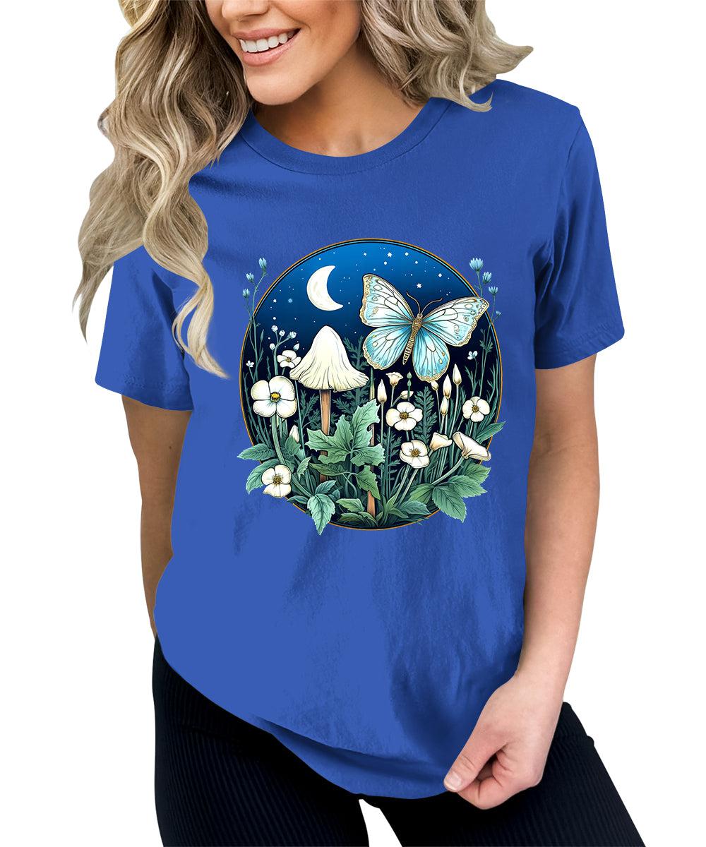 Trendy Butterfly Mushroom Moon Flowers Graphic Tees For Women