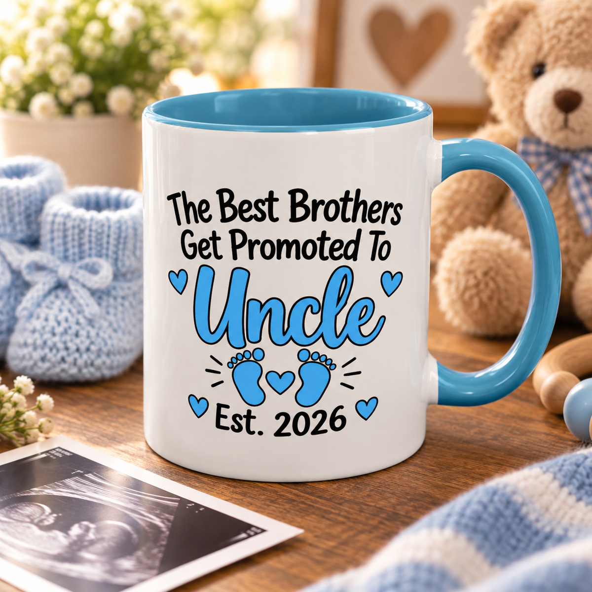 The Best Brothers Get Promoted To Uncle Est. 2026 Mug - New Uncle Pregnancy Announcement Gift - 11oz Light Blue Accent Coffee Mug