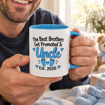 The Best Brothers Get Promoted To Uncle Est. 2026 Mug - New Uncle Pregnancy Announcement Gift - 11oz Light Blue Accent Coffee Mug