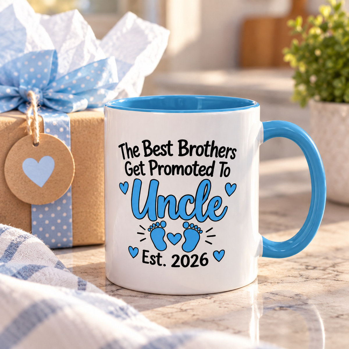 The Best Brothers Get Promoted To Uncle Est. 2026 Mug - New Uncle Pregnancy Announcement Gift - 11oz Light Blue Accent Coffee Mug