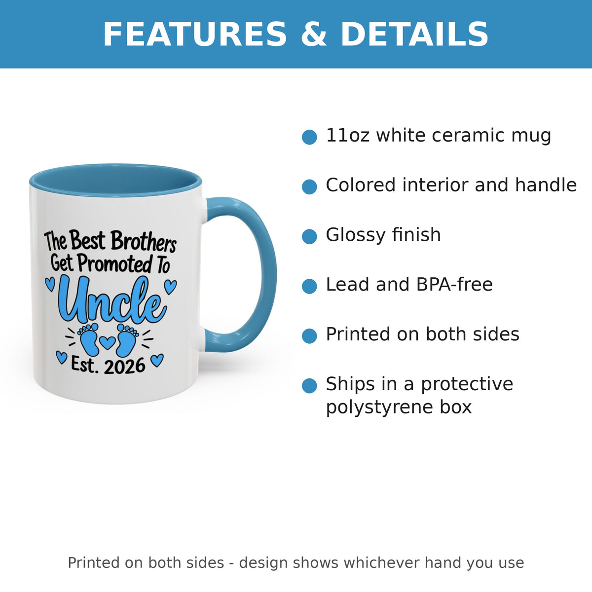 The Best Brothers Get Promoted To Uncle Est. 2026 Mug - New Uncle Pregnancy Announcement Gift - 11oz Light Blue Accent Coffee Mug