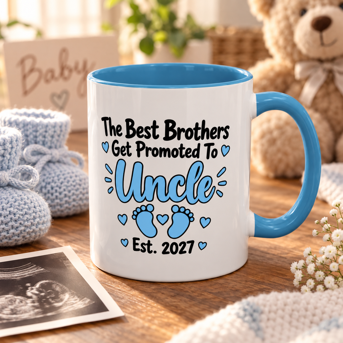 The Best Brothers Get Promoted To Uncle Est. 2027 Mug - New Uncle Pregnancy Announcement Gift - 11oz Light Blue Accent Coffee Mug