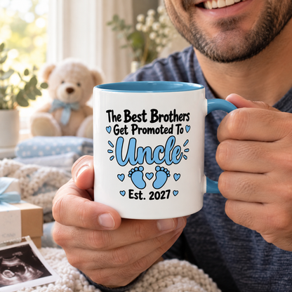 The Best Brothers Get Promoted To Uncle Est. 2027 Mug - New Uncle Pregnancy Announcement Gift - 11oz Light Blue Accent Coffee Mug