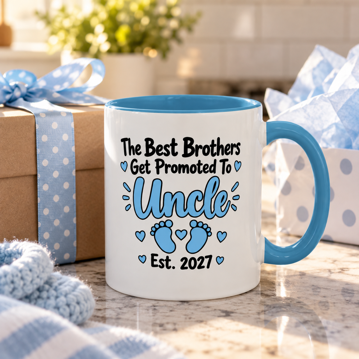 The Best Brothers Get Promoted To Uncle Est. 2027 Mug - New Uncle Pregnancy Announcement Gift - 11oz Light Blue Accent Coffee Mug