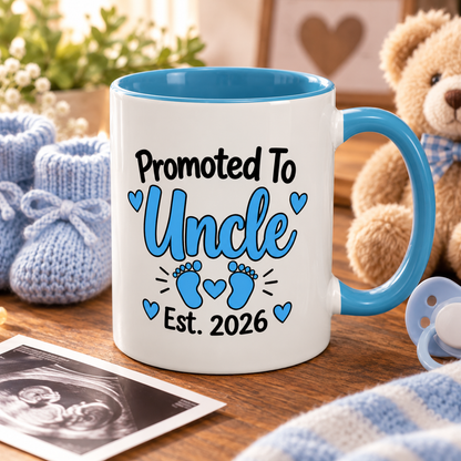 Promoted To Uncle Est. 2026 Mug - New Uncle Pregnancy Announcement Gift - 11oz Light Blue Accent Coffee Mug