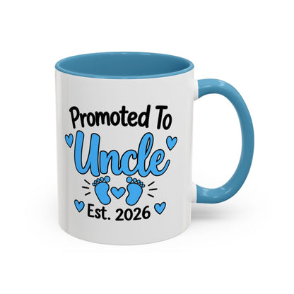 Promoted To Uncle Est. 2026 Mug - New Uncle Pregnancy Announcement Gift - 11oz Light Blue Accent Coffee Mug