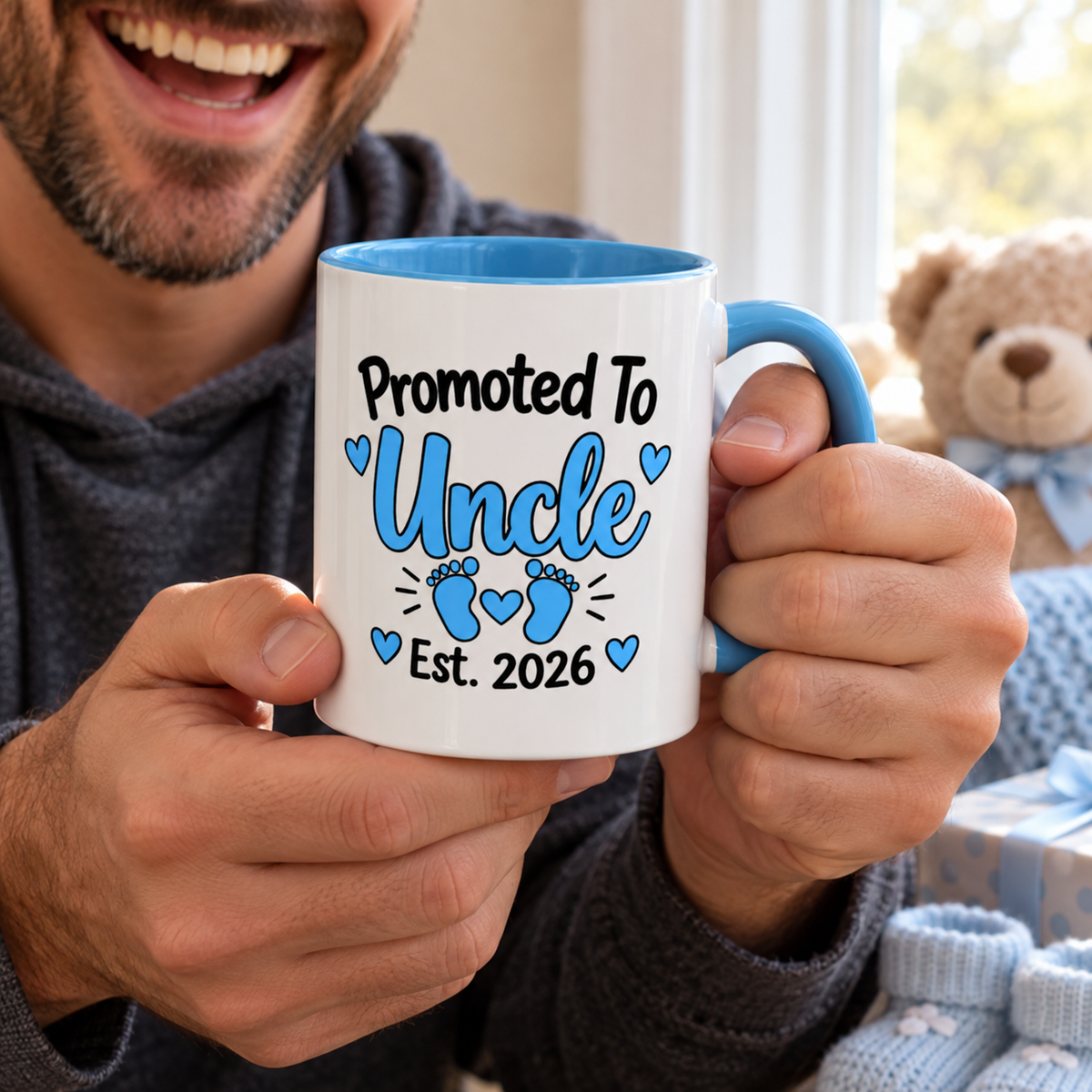 Promoted To Uncle Est. 2026 Mug - New Uncle Pregnancy Announcement Gift - 11oz Light Blue Accent Coffee Mug