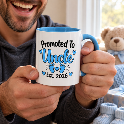 Promoted To Uncle Est. 2026 Mug - New Uncle Pregnancy Announcement Gift - 11oz Light Blue Accent Coffee Mug