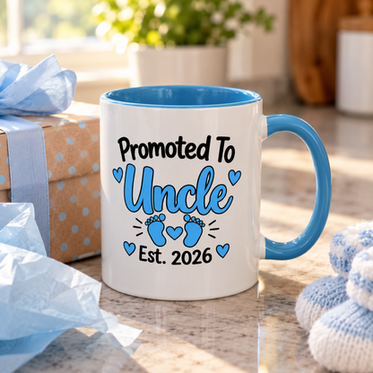 Promoted To Uncle Est. 2026 Mug - New Uncle Pregnancy Announcement Gift - 11oz Light Blue Accent Coffee Mug