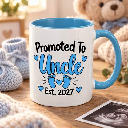 Promoted To Uncle Est. 2027 Mug - New Uncle Pregnancy Announcement Gift - 11oz Light Blue Accent Coffee Mug