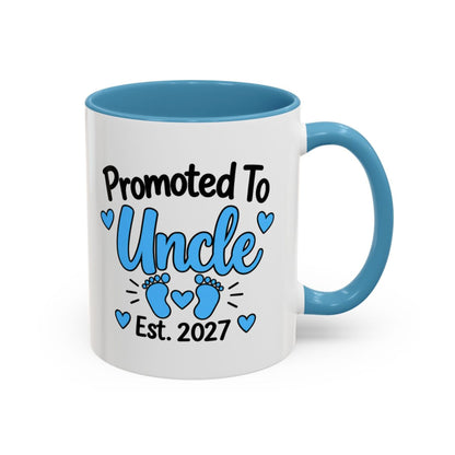Promoted To Uncle Est. 2027 Mug - New Uncle Pregnancy Announcement Gift - 11oz Light Blue Accent Coffee Mug
