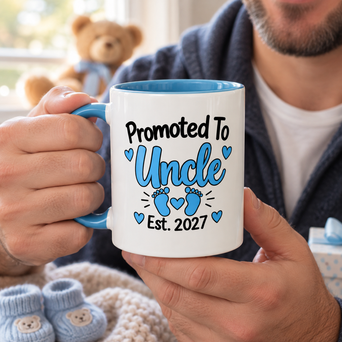 Promoted To Uncle Est. 2027 Mug - New Uncle Pregnancy Announcement Gift - 11oz Light Blue Accent Coffee Mug