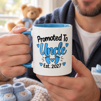 Promoted To Uncle Est. 2027 Mug - New Uncle Pregnancy Announcement Gift - 11oz Light Blue Accent Coffee Mug