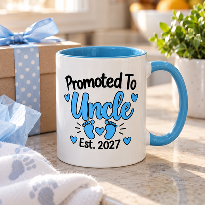 Promoted To Uncle Est. 2027 Mug - New Uncle Pregnancy Announcement Gift - 11oz Light Blue Accent Coffee Mug