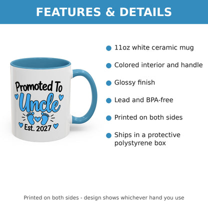 Promoted To Uncle Est. 2027 Mug - New Uncle Pregnancy Announcement Gift - 11oz Light Blue Accent Coffee Mug