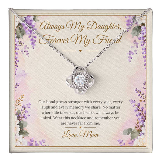 Mom and Daughter Necklace - Forever My Friend - message card close-up, White Gold Finish