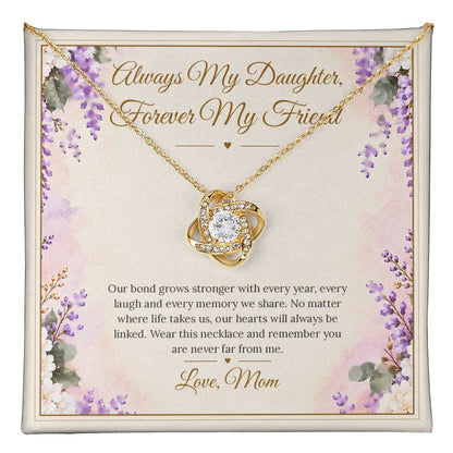 Mom and Daughter Necklace - Forever My Friend - message card close-up, Yellow Gold Finish