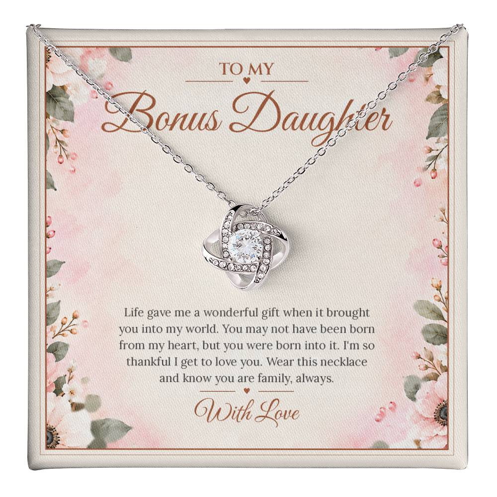 Bonus Daughter Necklace - Born Into My Heart - message card close-up, White Gold Finish