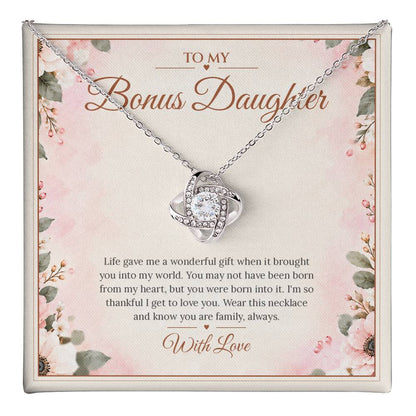 Bonus Daughter Necklace - Born Into My Heart - message card close-up, White Gold Finish