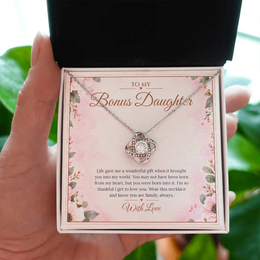 Bonus Daughter Necklace - Born Into My Heart - White Gold Finish / Standard Box with message card in hand