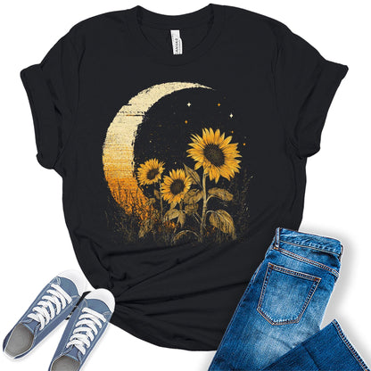 Vintage Sunflower Moon Shirt for Women Boho Graphic Tee Bella Short Sleeve Casual Top