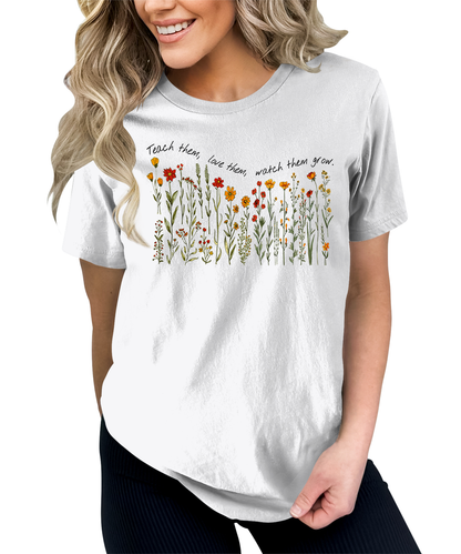 Women's Teacher Shirt Floral Teach Love Watch Them Grow Teaching Graphic Tees for Women