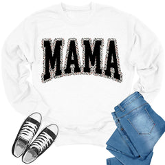 Mama Sweatshirt for Women Long Sleeve Leopard Letter Print Graphic Crewnecks