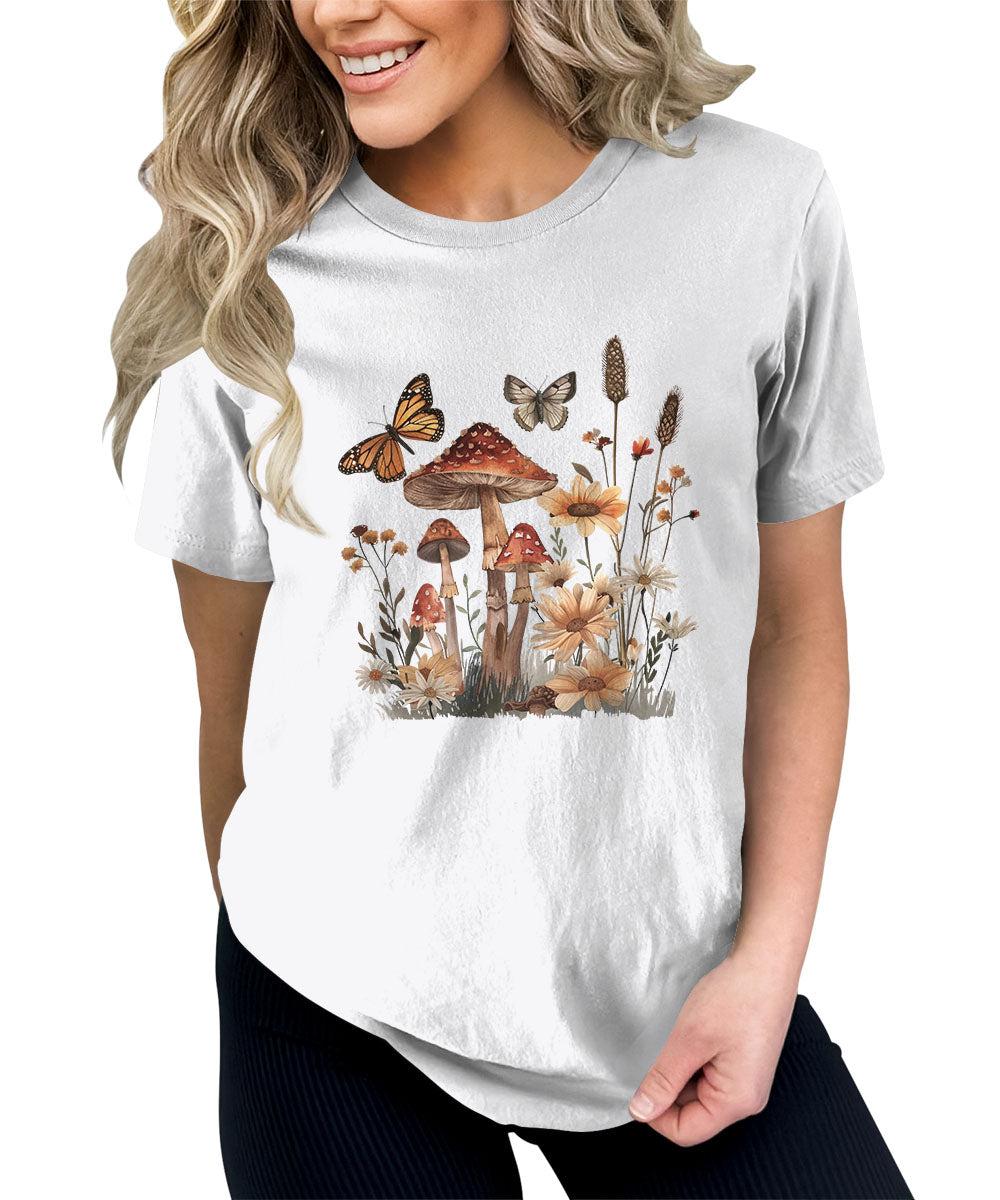 Wildflower Mushroom Butterfly Graphic Tees For Women