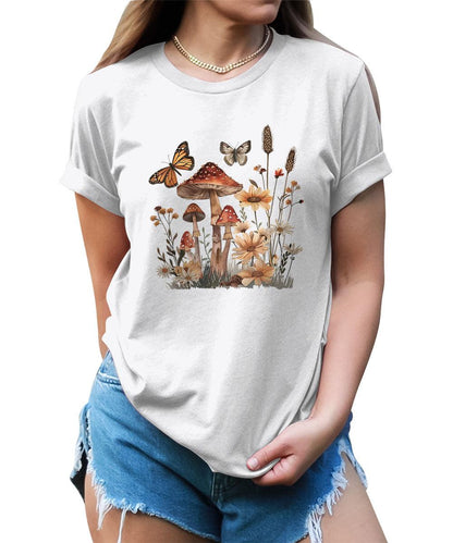 Wildflower Mushroom Butterfly Graphic Tees For Women