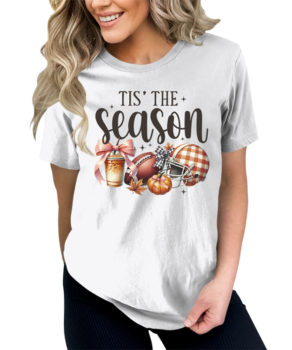 Tis' The Season Thanksgiving Football Pumpkin Graphic Tees for Women