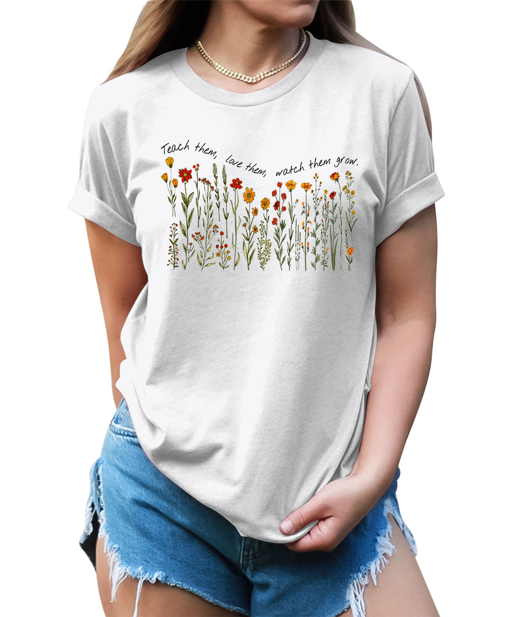 Women's Teacher Shirt Floral Teach Love Watch Them Grow Teaching Graphic Tees for Women