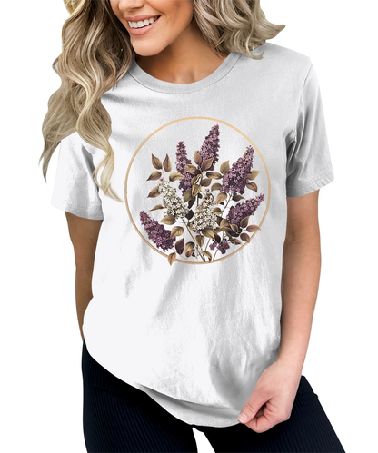 Trendy Purple Floral Circle Graphic Tees for Women