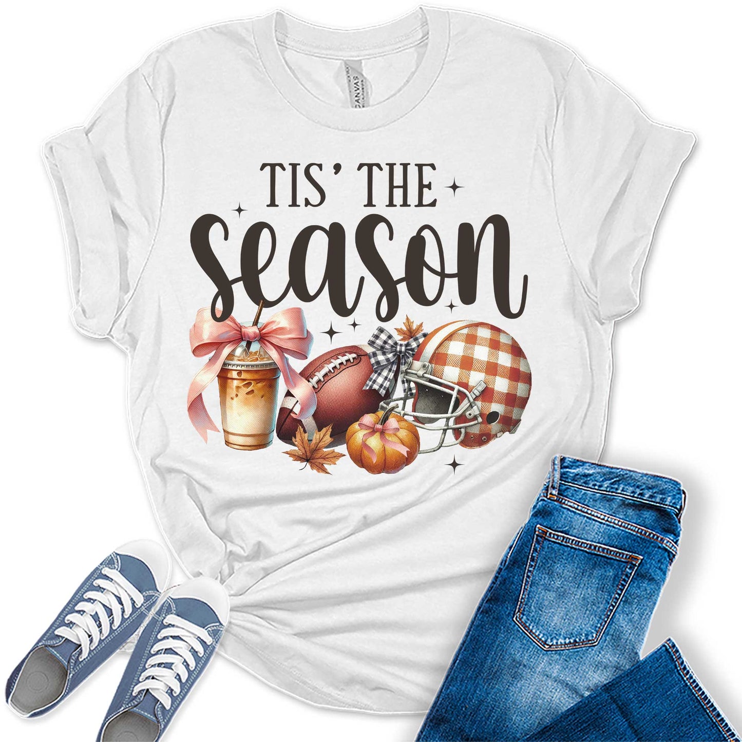 Tis' The Season Thanksgiving Football Pumpkin Graphic Tees for Women