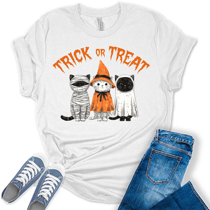 Halloween Cat Shirt for Women Cute Trick or Treat Bella Graphic Tee Short Sleeve Costume Top
