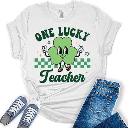 One Lucky Teacher Retro Groovy St Patrick's Day Funny Shirt For Women