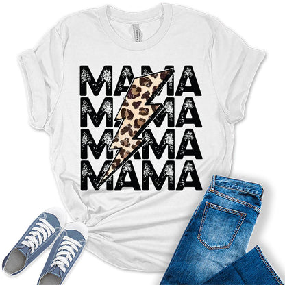 Mama Shirt Cute Thunder Leopard Letter Print Graphic Tees for Women Retro Tops