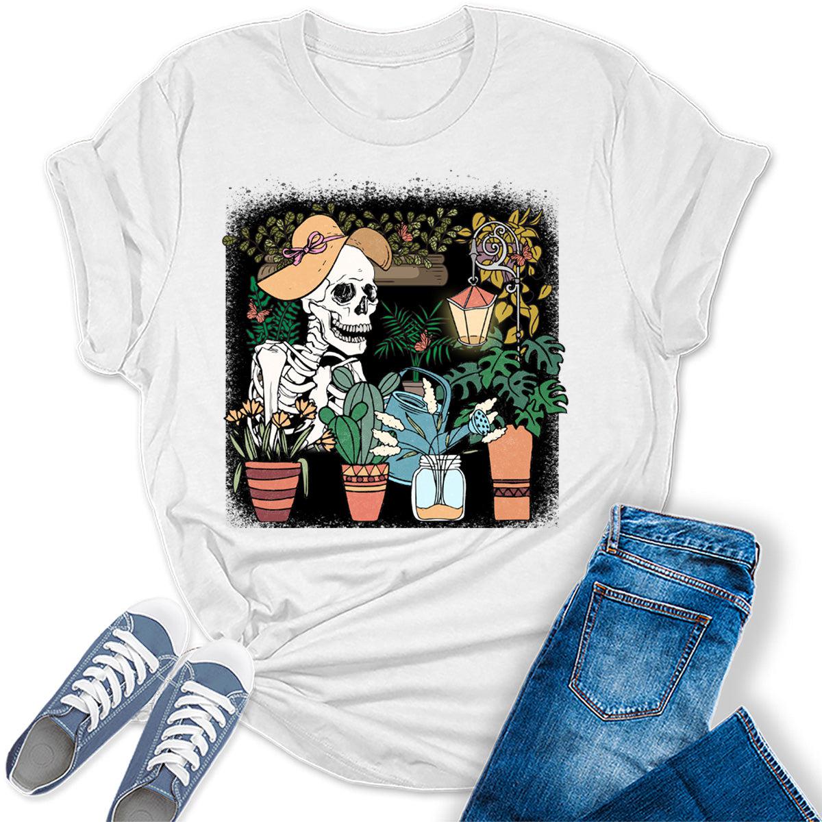 Women's Skeleton Watering Plants Shirt Funny Planting Lovers Gardener Graphic Tees