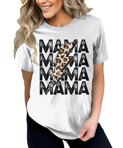 Mama Shirt Cute Thunder Leopard Letter Print Graphic Tees for Women Retro Tops