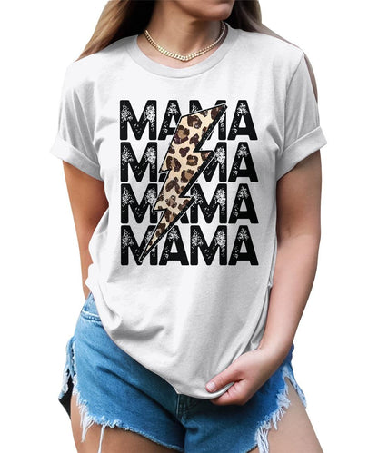 Mama Shirt Cute Thunder Leopard Letter Print Graphic Tees for Women Retro Tops