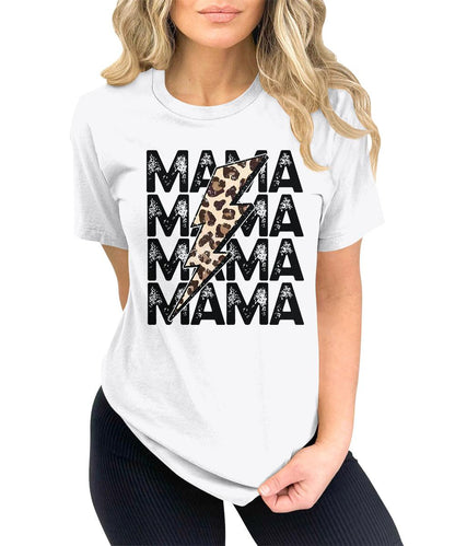 Mama Shirt Cute Thunder Leopard Letter Print Graphic Tees for Women Retro Tops
