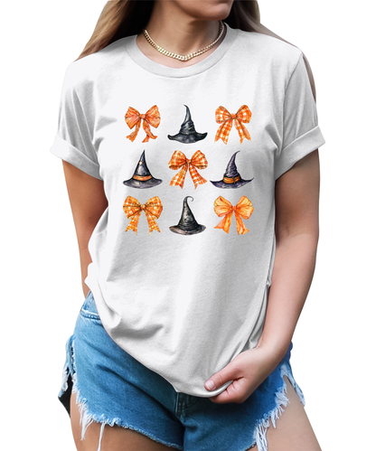 Witch Hat Coquette Halloween Graphic Tees for Women