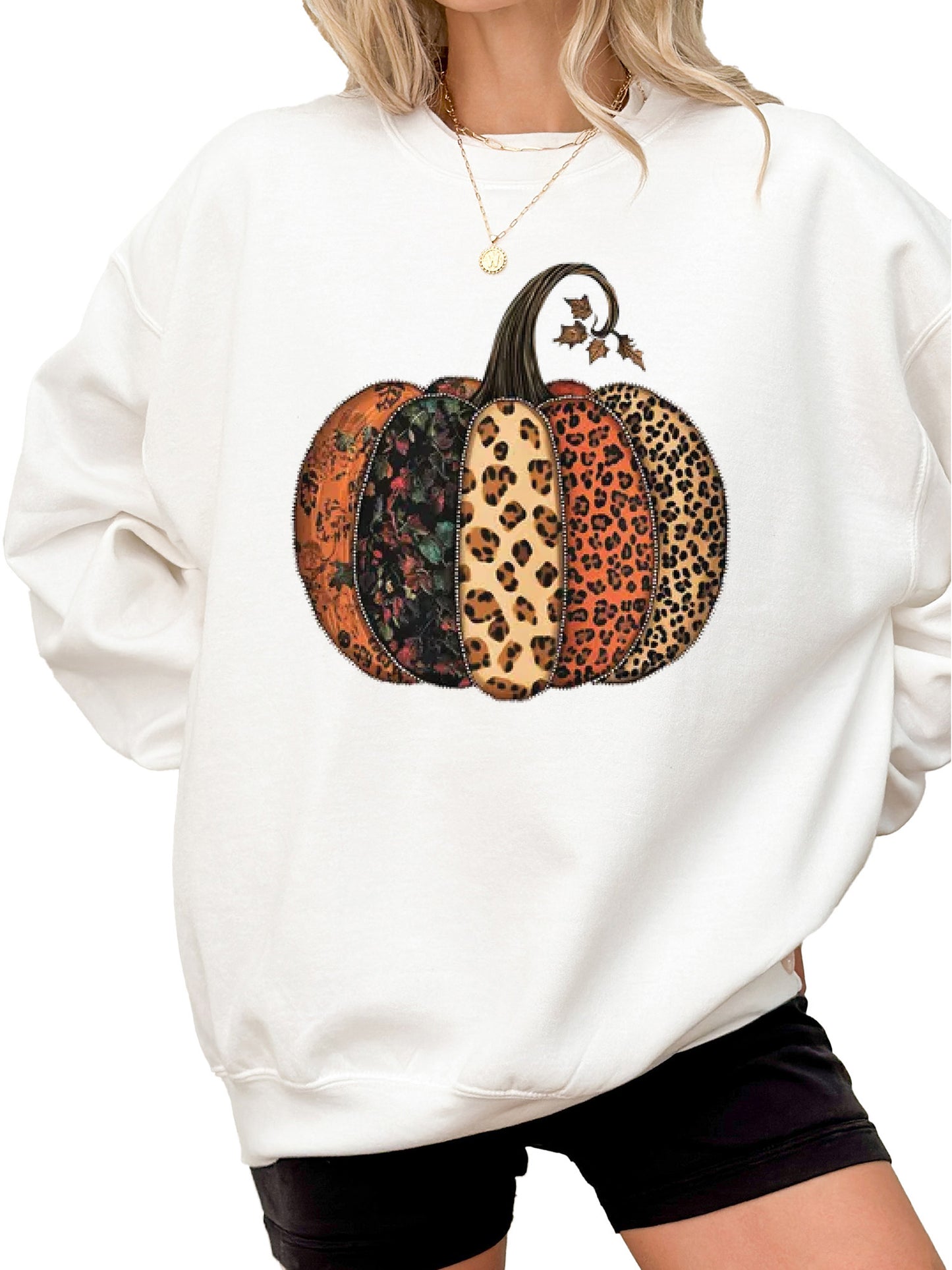 Women's Fall Leopard Print Pumpkin Thanksgiving Crewneck Sweatshirt